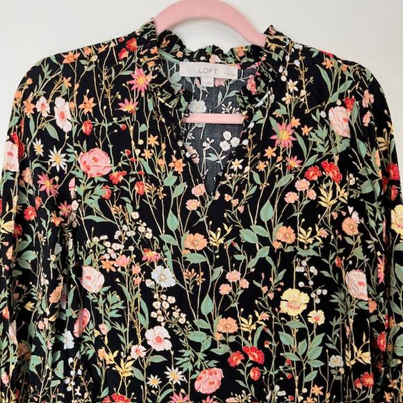 LOFT Women's  Floral Ruffle Split Neck Dress Small Petite - Picture 3 of 7